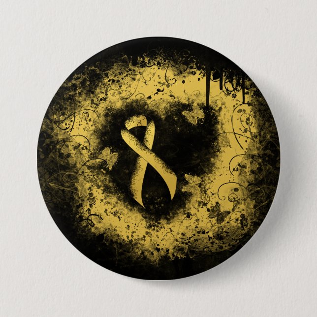 Gold Awareness Ribbon Grunge Heart Button (Front)