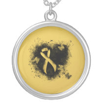 Gold Awareness Ribbon Grunge Heart Silver Plated Necklace