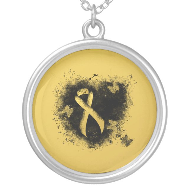 Gold Awareness Ribbon Grunge Heart Silver Plated Necklace (Front)