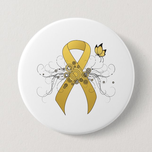 Gold awareness Ribbon with Butterfly Pinback Button (Front)
