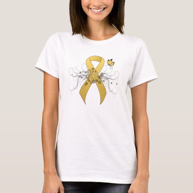 Gold awareness Ribbon with Butterfly T-Shirt (Front)
