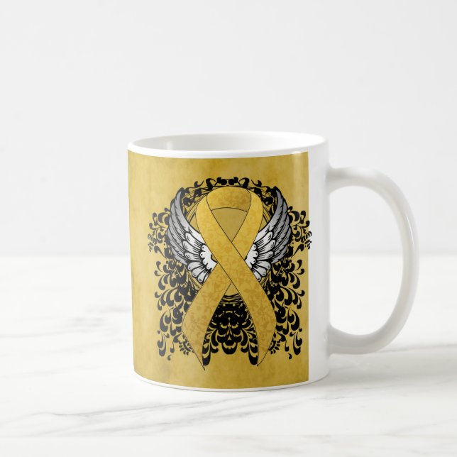 Gold Awareness Ribbon with Wings Coffee Mug (Right)