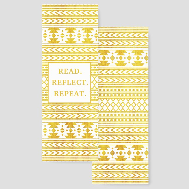 Gold Aztec Boho Tribal Pattern Book Reading Quote Bookmarks (Front & Back)
