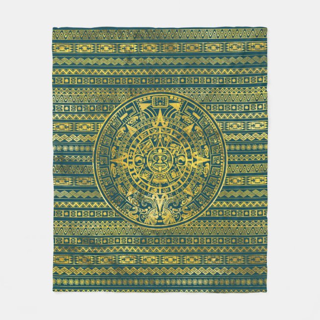 Gold  Aztec Inca Mayan Calendar Fleece Blanket (Front)