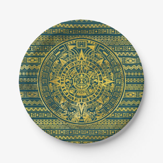 Gold  Aztec Inca Mayan Calendar Paper Plates (Front)