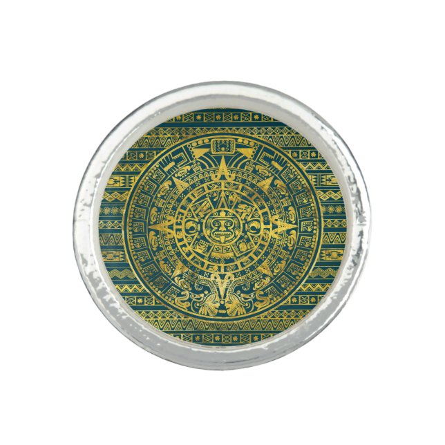 Gold  Aztec Inca Mayan Calendar Ring (Front)