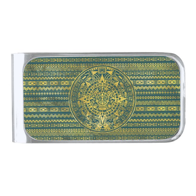 Gold  Aztec Inca Mayan Calendar Silver Finish Money Clip (Front)