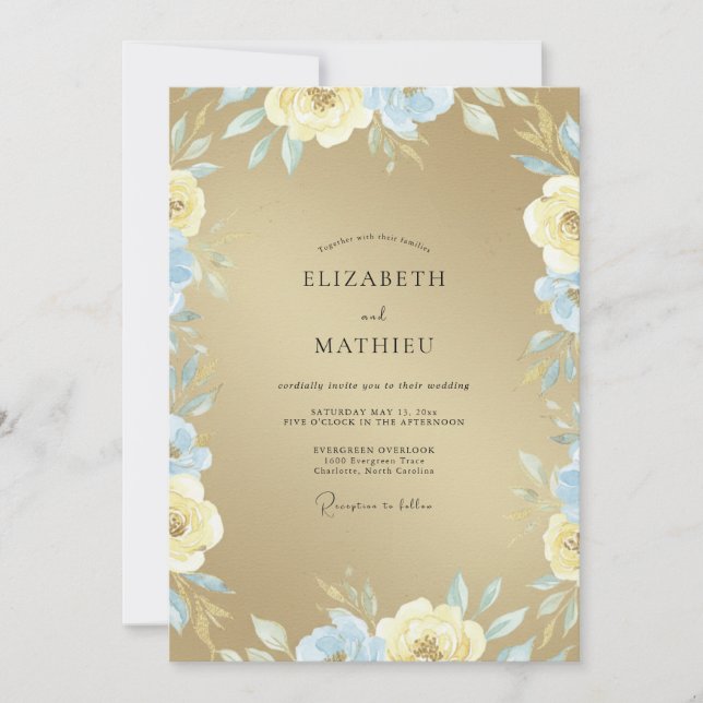 Gold Azure Bloom Wedding Invitation (Front)