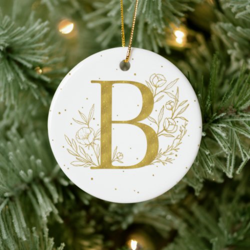 Gold B Monogram Botanical Illustration Ceramic Ornament