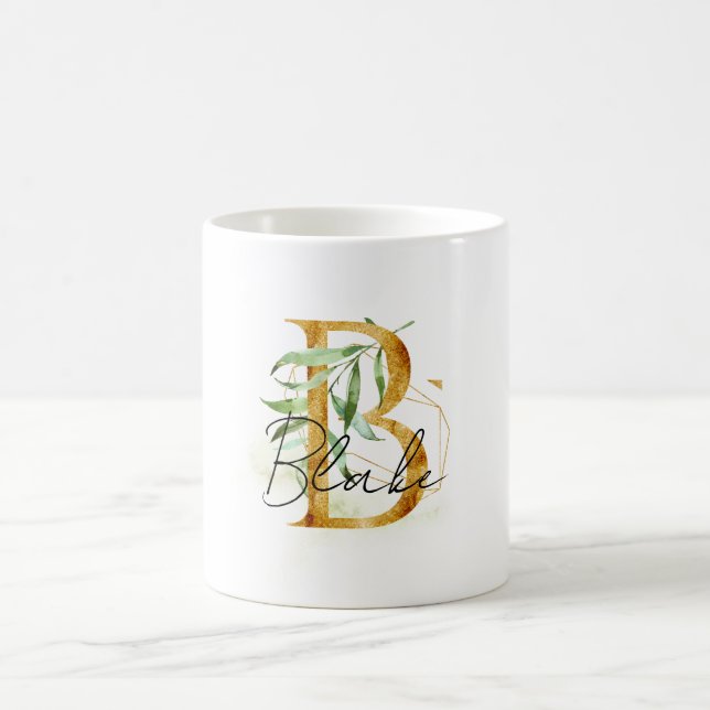 Gold B Name Green Leaves Coffee Mug (Center)