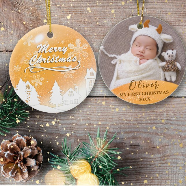 Gold Baby 1st Christmas Custom Photo  Ornament (Creator Uploaded)