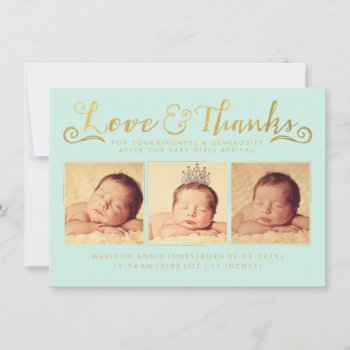 Gold Baby Birth Announcement 3 Photo Template by Pip_Gerard at Zazzle
