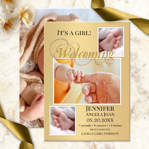 Gold Baby Birth Photos Announcement Card