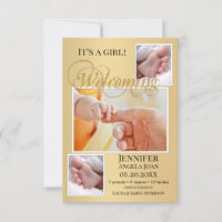 Gold Baby Birth Photos Announcement Card