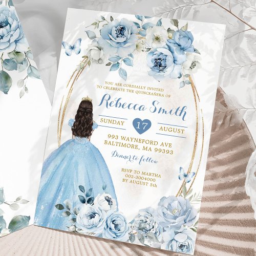 Gold Baby Blue Floral Princess Quinceaera Invitation