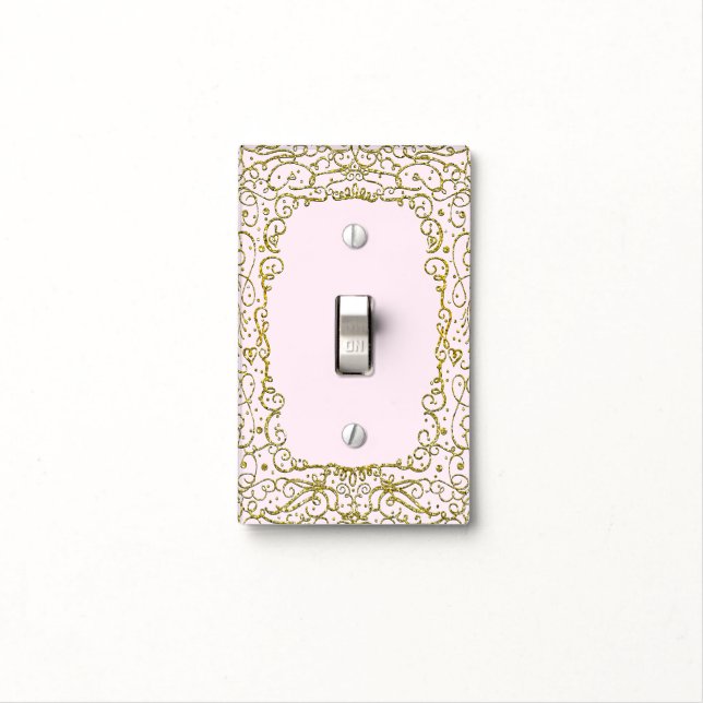 Gold Baby Blush Pink Glitter Princess Filigree Light Switch Cover (In Situ)