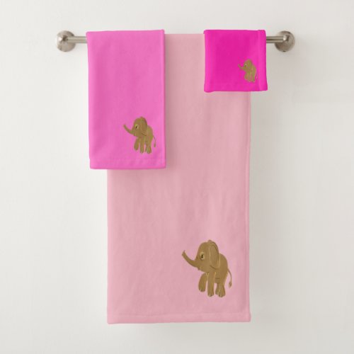 Gold baby elephant looking into the skypink bath towel set