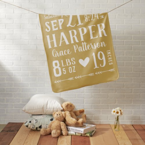 Gold Baby Girl Birth Stats  Editable Colors Baby Blanket