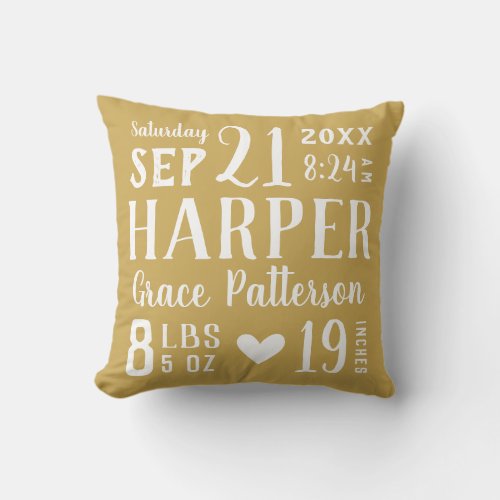 Gold Baby Girl Birth Stats  Editable Colors Throw Pillow