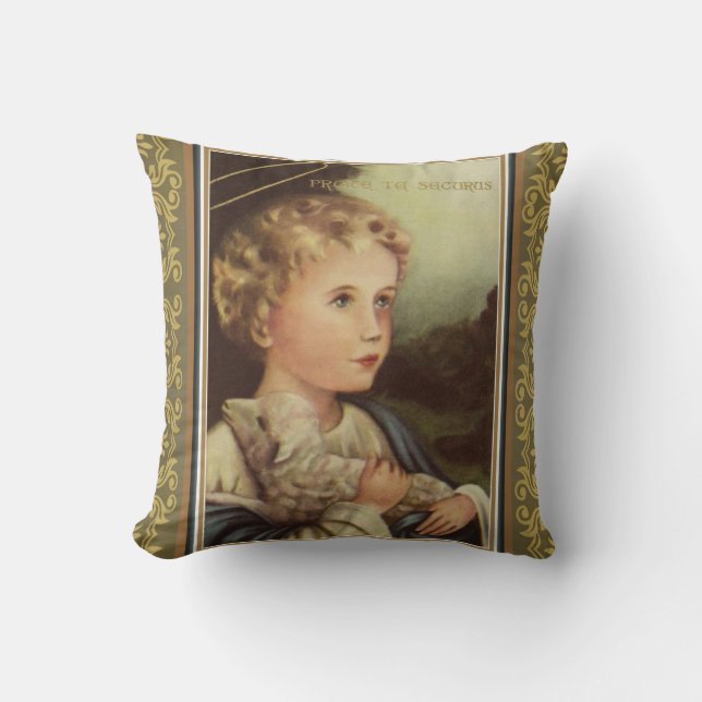 Gold Baby Jesus holding Lamb w/Latin words Throw Pillow (Front)