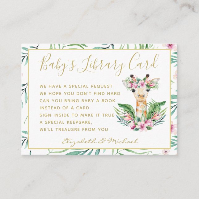 Gold Baby Library Book Request Giraffe Boho Floral Enclosure Card (Front)