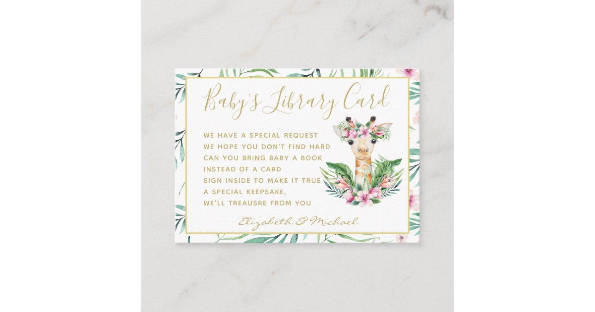 Gold Baby Library Book Request Giraffe Boho Floral Enclosure Card