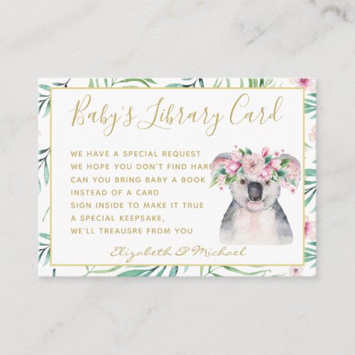 Gold Baby Library Book Request Koala Bear Floral Enclosure Card