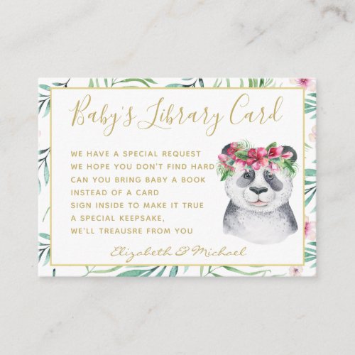 Gold Baby Library Book Request Panda Bear Floral Enclosure Card