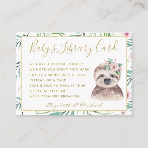 Gold Baby Library Book Request Sloth Floral Enclosure Card
