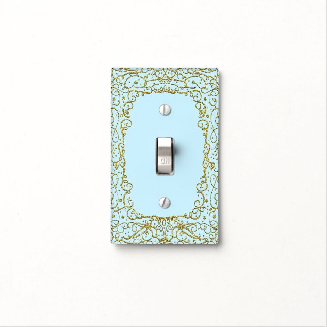 Gold Baby Light Blue Glitter Princess Filigree Light Switch Cover (In Situ)