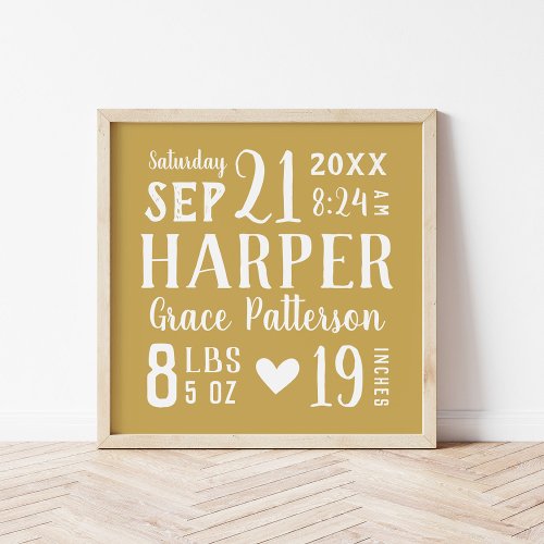 Gold Baby Name and Birth Stats  Editable Colors Poster