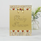 Gold Baby Shower Faux Sequins Hearts Bow Invitation (Standing Front)