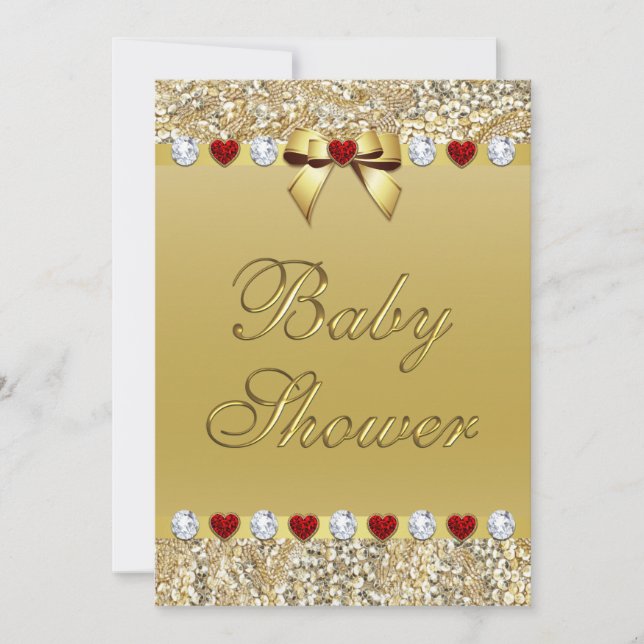 Gold Baby Shower Faux Sequins Hearts Bow Invitation (Front)