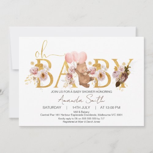 Gold Baby Word Floral Bear Balloons Baby Shower Invitation