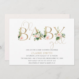 Gold Baby Word Floral Girls Baby Shower Invitation