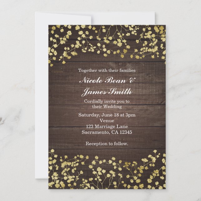Gold Baby's Breath Dark Wood Wedding Invitation (Front)
