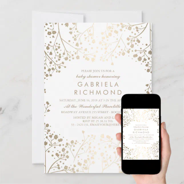 Gold Baby's Breath Elegant White Baby Shower Invitation | Zazzle