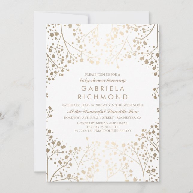Gold Baby's Breath Elegant White Baby Shower Invitation (Front)