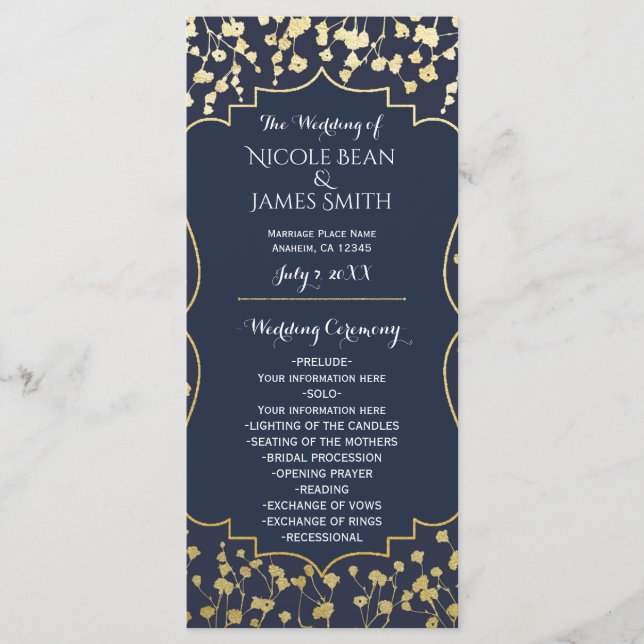 Gold Baby's Breath Floral Blue Wedding Program (Front)