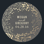 Gold Baby's Breath Floral Bouquet Chalkboard Classic Round Sticker<br><div class="desc">Gold foil effect and chalkboard floral bouquet wedding stickers - seals</div>