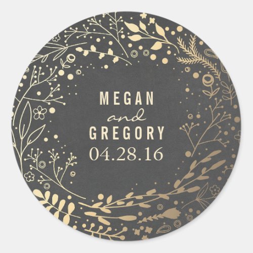 Gold Babys Breath Floral Bouquet Chalkboard Classic Round Sticker