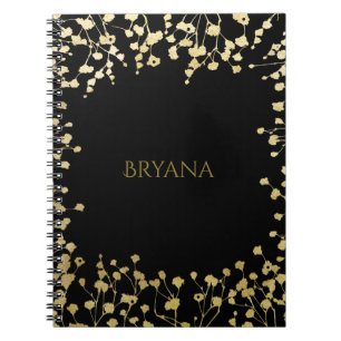 Gold Baby's Breath Floral Elegant Black Notebook