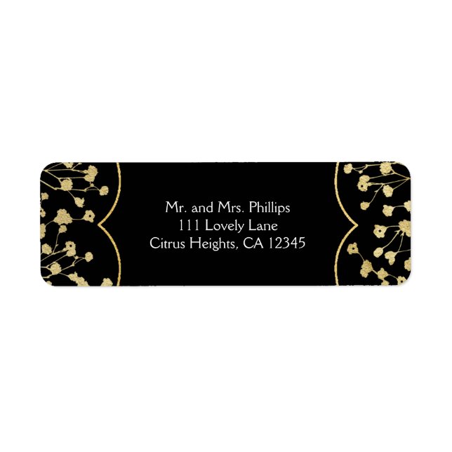 Gold Baby's Breath Floral Elegant Black Wedding Label (Front)