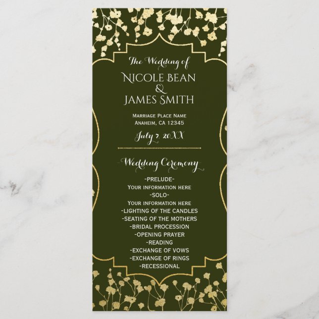 Gold Baby's Breath Floral Olive Wedding Program (Front)