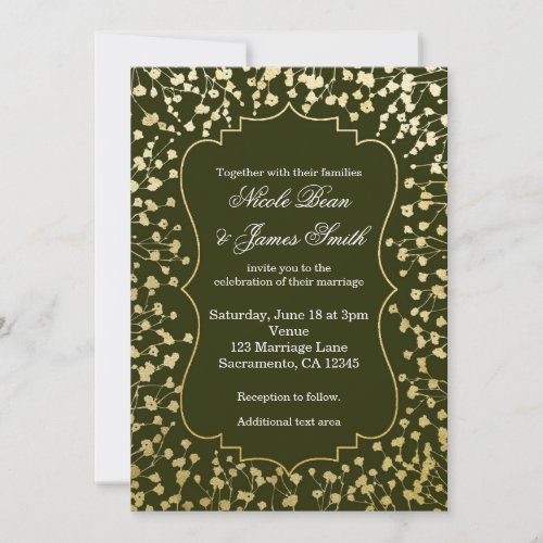 Gold Babys Breath Floral Rust Olive Green Wedding Invitation