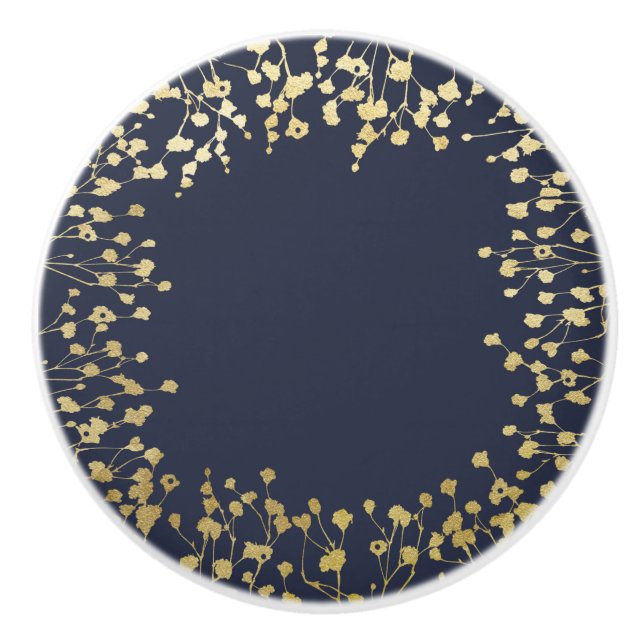 Gold Baby's Breath Floral Rustic Blue Wedding Ceramic Knob (Front)