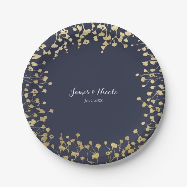Gold Baby's Breath Floral Rustic Blue Wedding Paper Plates (Front)