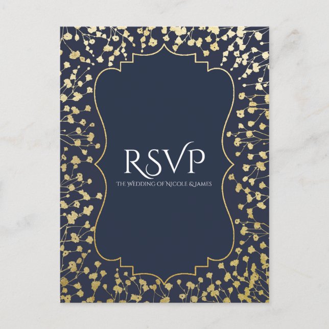 Gold Baby's Breath Floral Rustic Blue Wedding RSVP Invitation Postcard (Front)
