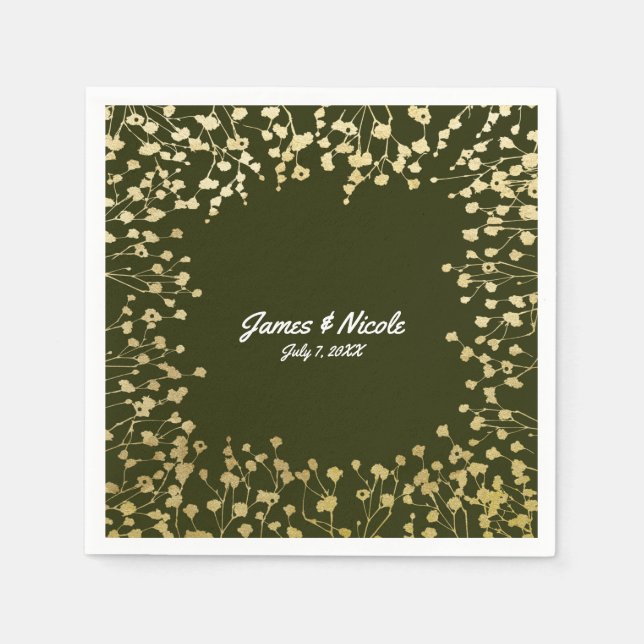 Gold Baby's Breath Floral Rustic Olive Green Paper Napkins (Front)