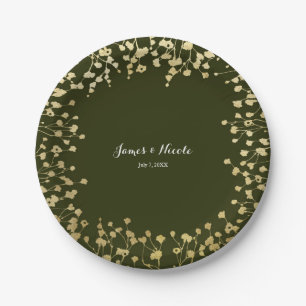Gold Baby's Breath Floral Rustic Olive Green Paper Plates